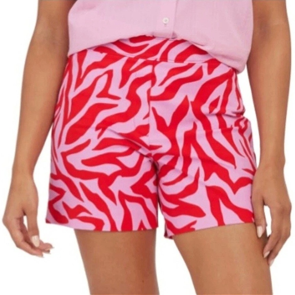 Spanx Womens Large On The Go Shorts 4" Pink Red Zebra Print High Rise Stretch